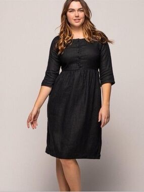 Linen Pyne & Smith Black Midi Dress with Tie-Back Waist